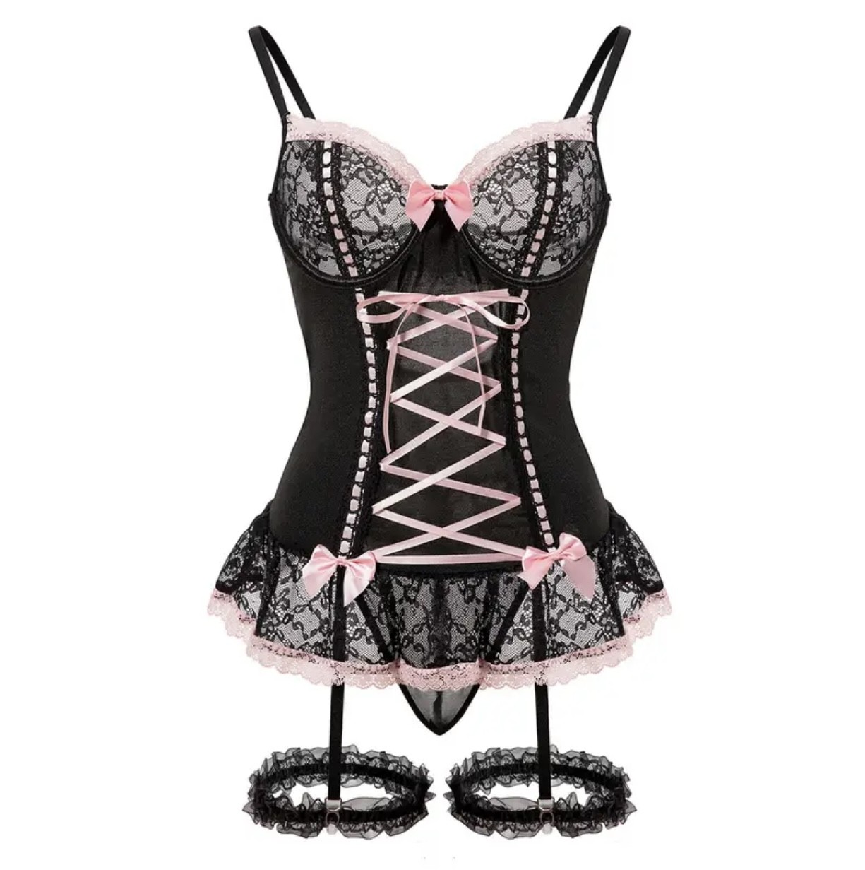 Sexy Mesh Corset Ruffle Lace Up Underwire Sheer Garter Belt Babydoll Lingerie Set With Thong 3 Piece Women